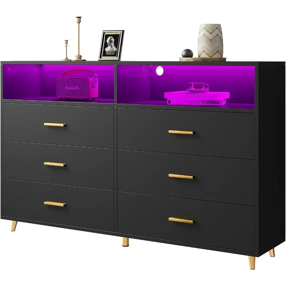 

Dresser for Bedroom, Black Dresser with LED, 6 Drawers Dresser with Large Organizer, Wood Dressers & Chests of Drawers