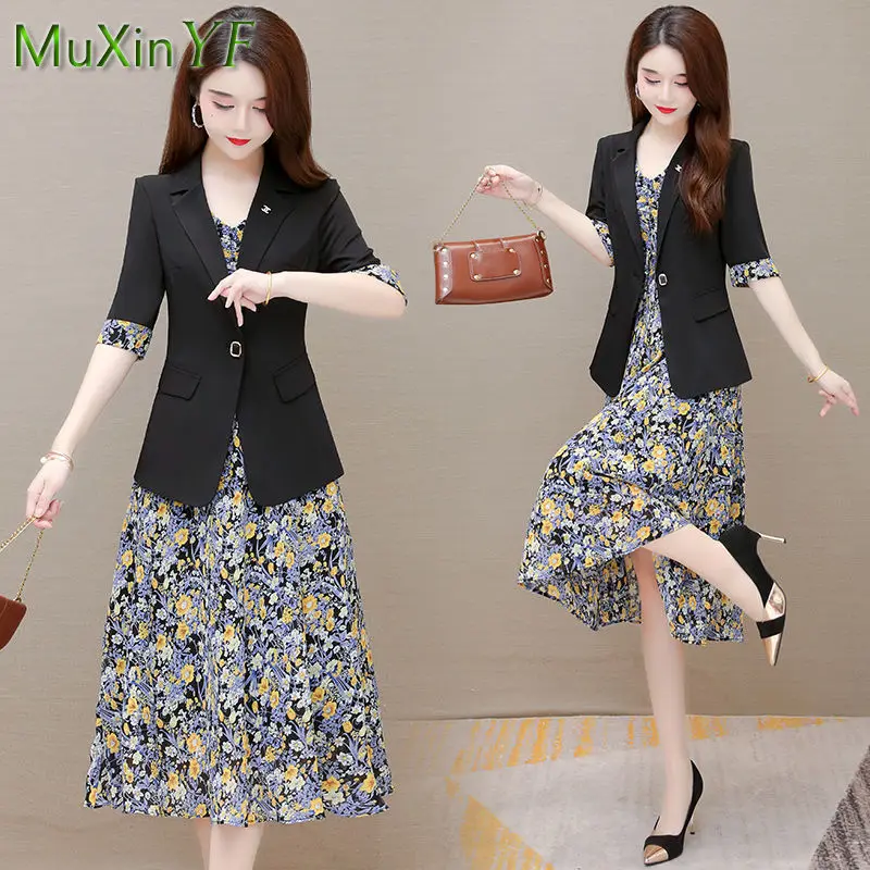 Women's Summer Casual Short Sleeve Suit Dress Suit 2025 New Korean Elegant Blazers Floral Chiffon Sling Dresses Two Piece Set