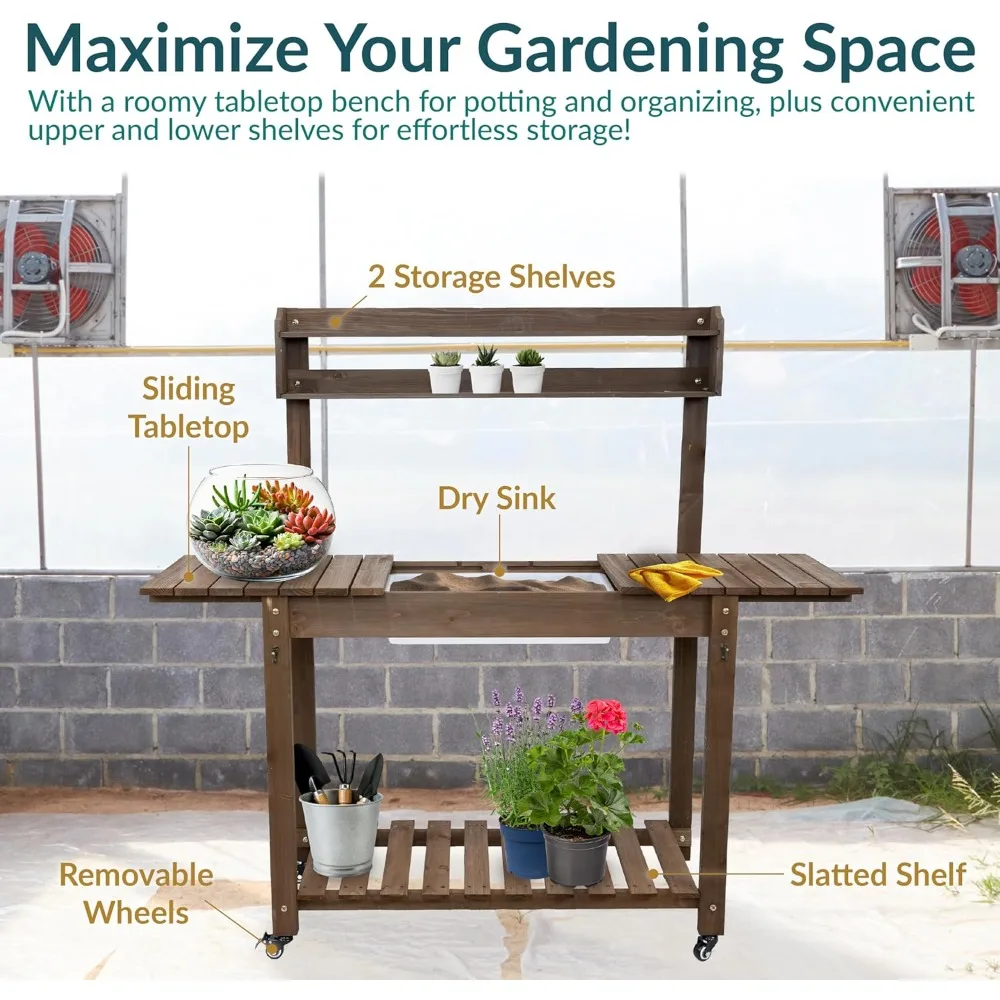Garten-Topfbank mit Rädern und Waschbecken – Topftisch für den Außenbereich – Gartentisch mit Pflanzstation und Haken – Braun