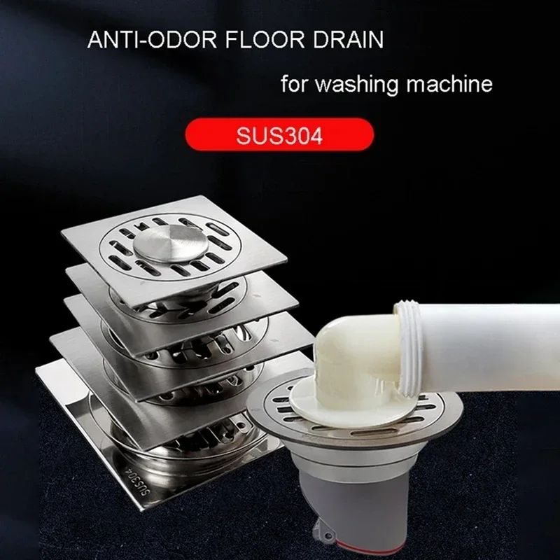 Circular/Square Stainless Steel Brushed Floor Drain DN50 Pipe Washing Machine Deodorant Drain Bathroom Drainage Accessories