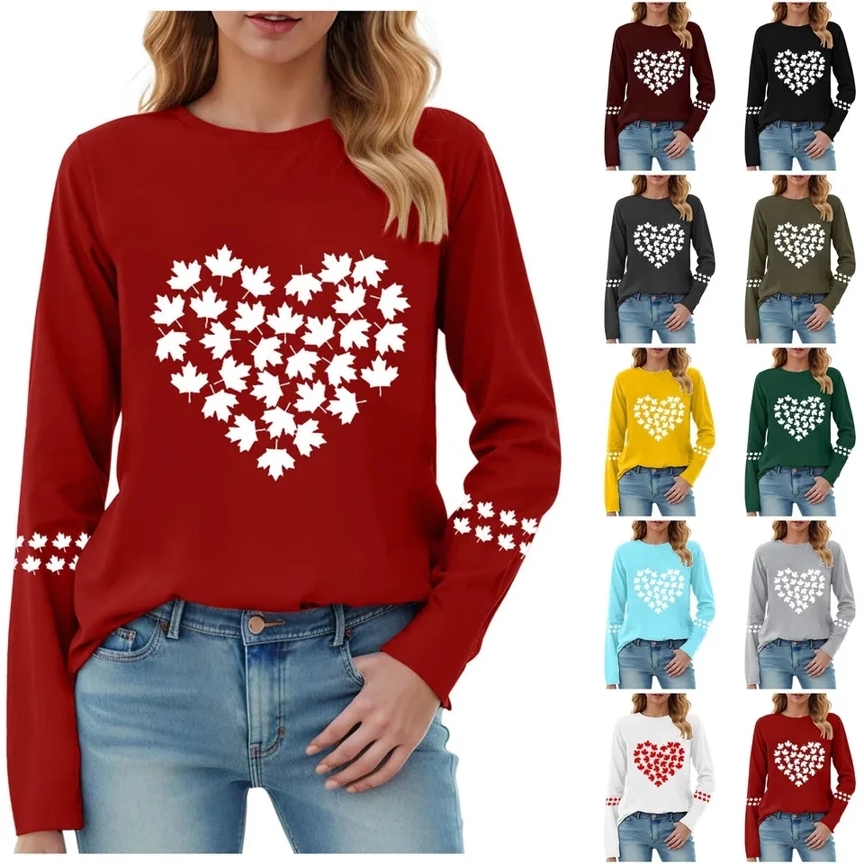 

Canada Day Women T Shirt Fashion Maple Leaf Pattern Print Tops Round Neck Long Sleeve Casual Tees Shirts Women's Clothes