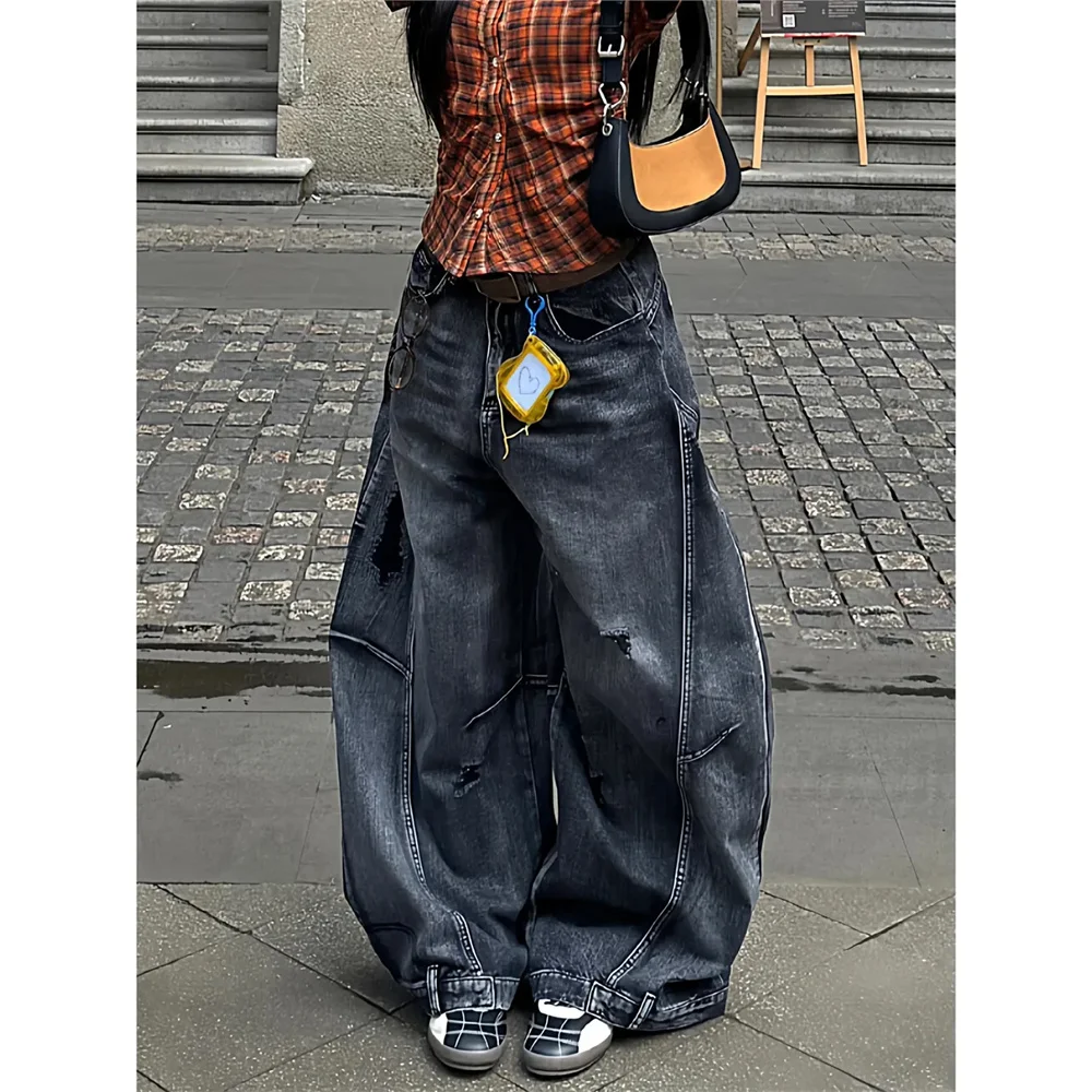 Bf Oversize Black Jeans Women Vintage High Waisted Cargo Jeans Straight Casual Loose Big Size Wide Leg Denim Baggy Pants Y2k