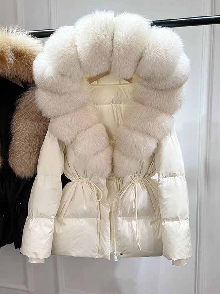 2026 New Winter Real Natural Fox Fur Collar Thick Wam Puffer Jacket Women Hooded Belt Slim White Duck Down Coat Waterproof Parka
