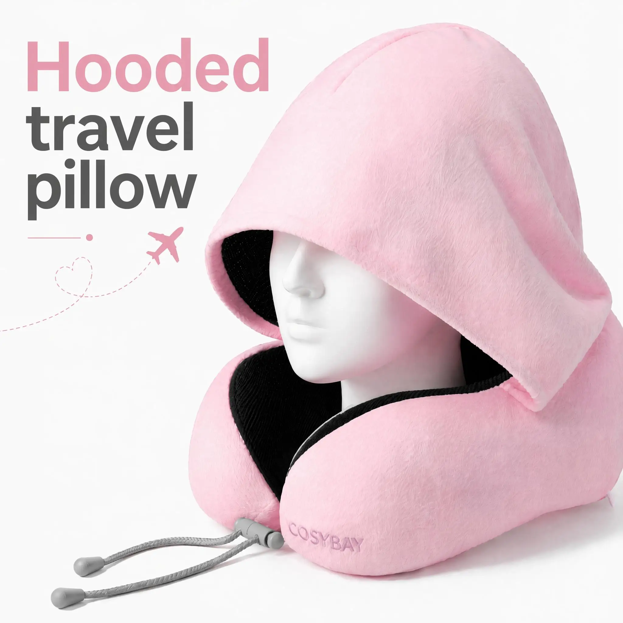 Memory Foam Travel Neck Pillow with Light Blocking Hood U Shape Neck Support Sleeping Pillow Adjustable Washable Portable Travel Accessories for Airplane Flight Car Office Rest Men Women