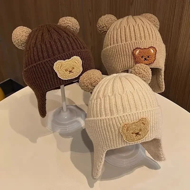 Baby\'s Cartoon Bear Beanie Caps Cute Ear Protection Earmuffs Knitted Bonnet Hat Girls Korean Winter Warm Infant Crochet Hats