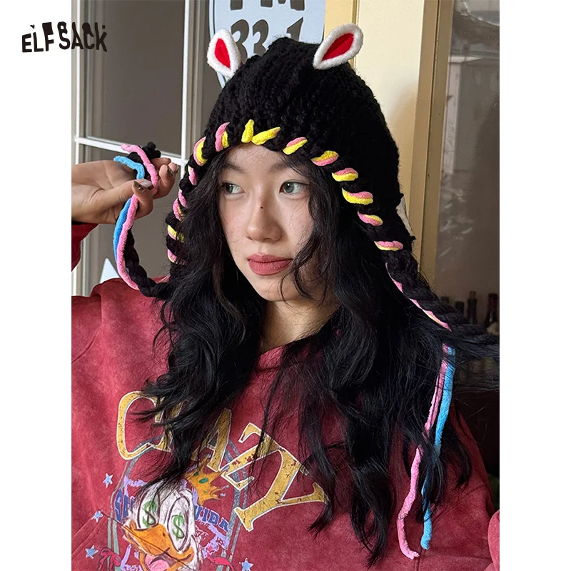 

ELFSACK 2025 Winter New Arrivals Color-Blocked Striped Knitted Beret For Woman
