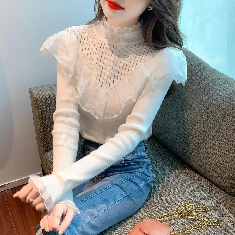 Half High Collar Bottoming Blouse for Women's Spring Autumn Winter New Pullovers Sweater Ruffle Edge Knitted Top