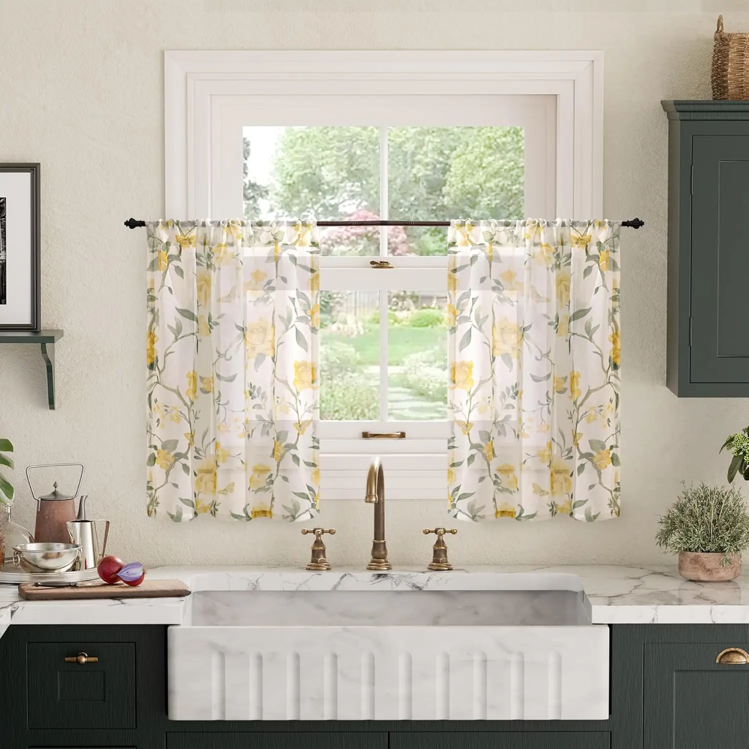 Yellow Floral Sheer Curtain for Windows Short Sheer Valance Vintage Farmhouse Basement Half Cafe Curtains 36 Inch Length