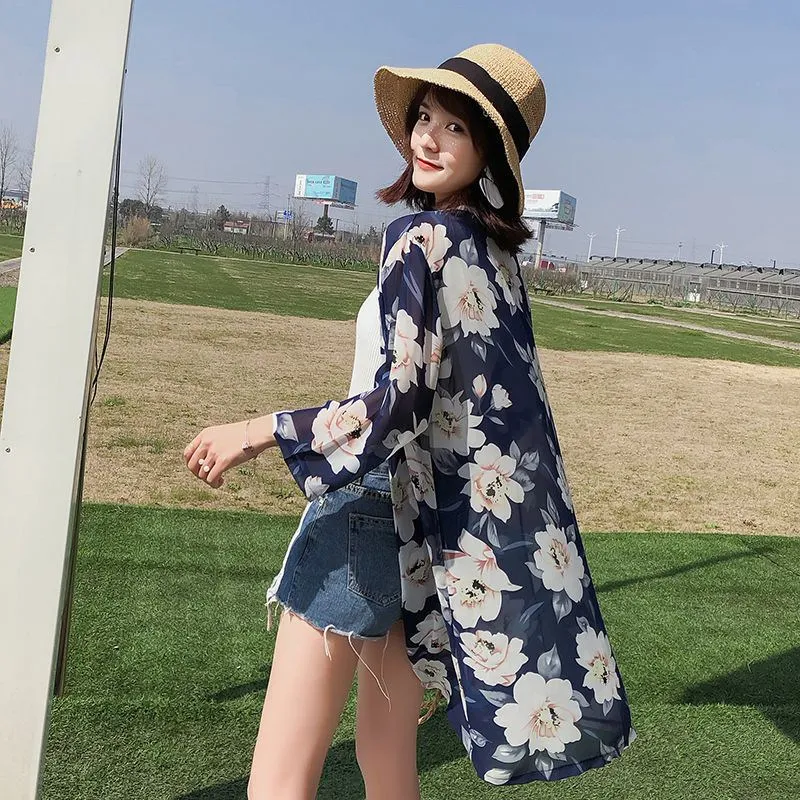 

Women Summer Mid-Length Chiffon Print Sun Protection Clothing Seven-Point Sleeve Holiday Cardigan Casual Versatile Thin Coat
