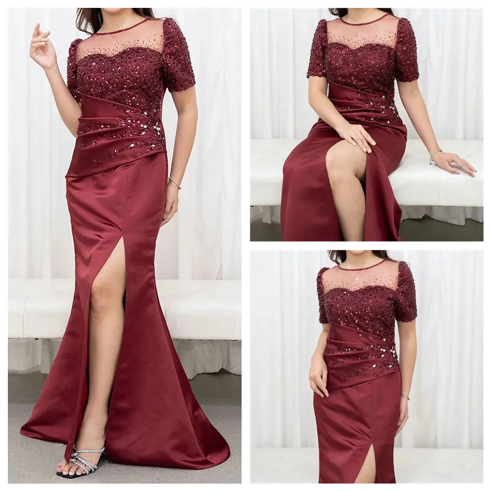 

Customized mermaid Prom Dresses Floor-Length O-Neck Short Sleeve Evening Gown Fashion Sequined Side Split Draped Party Gown