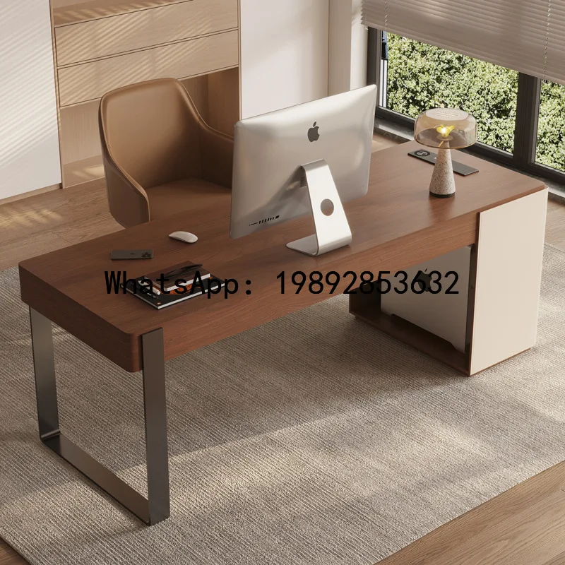

B-3 Vintage Style Solid Wood Desk Minimalist Home Study Office Desk High-end Saddle Leather Walnut Color Computer Desk