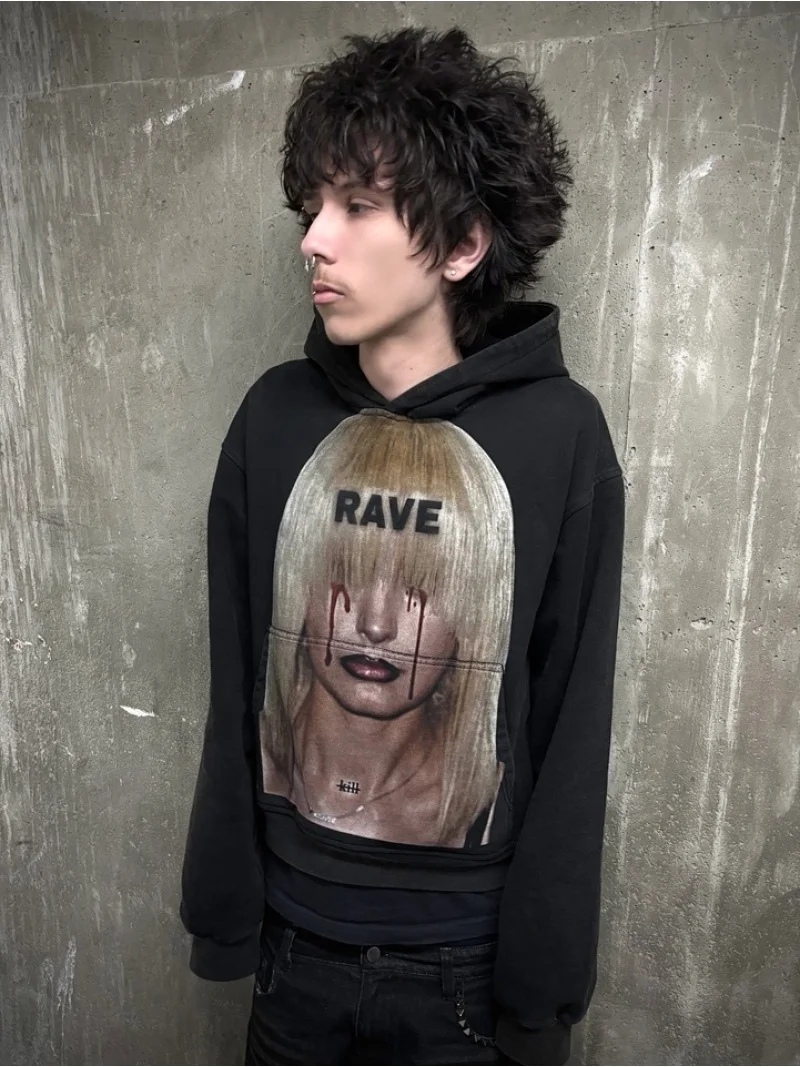 Y2K Black Hoodie Unisex Crying‑Face Portrait Print Alt‑Street Pullover Sweatshirt