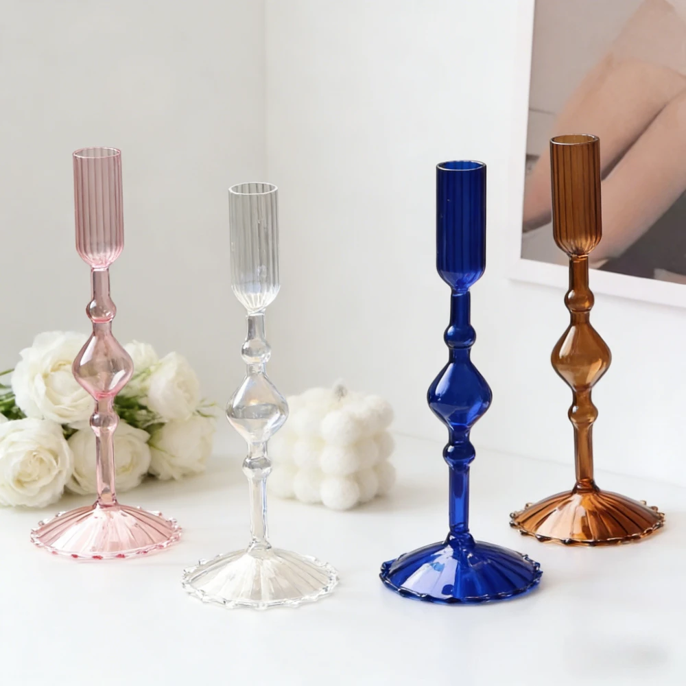 Vintage Glass Candle Holder Ribbed Glass Craft French Style Living Room Party Desktop Centerpiece Ornament