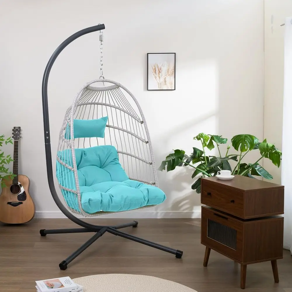

Плетеное кресло-качалка синего патио, подвесное кресло-яйцо на открытом воздухе с подставкой, кресло-яйцо-гамак в помещении и на открытом воздухе