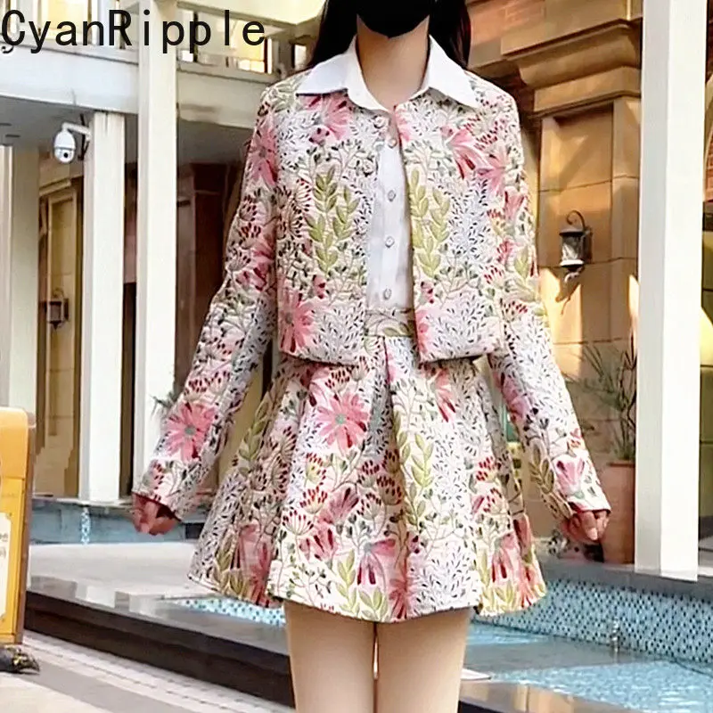 Luxury Spring Autumn Jacquard Two-piece Set Elegant Single-breasted Corp Cardigans Coat Elegant High Waist Floral A-line Skirts