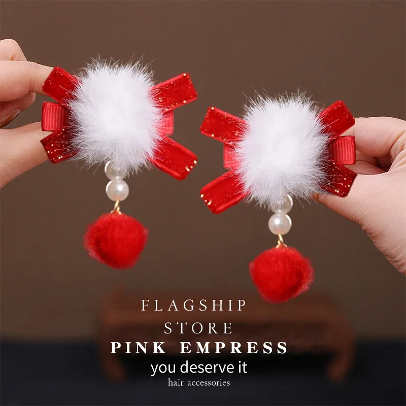 

Red Children's Bow Hairpin Girl's New Year Headwear Chinese Style Hanfu Accessories Hair Clip Hairpin Headwear