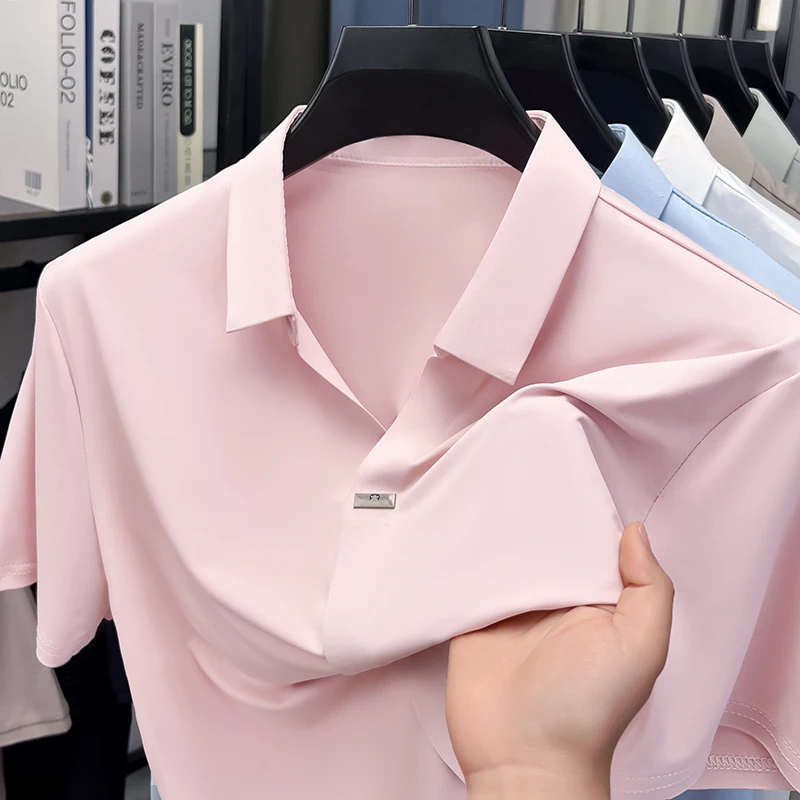 Herren Eisseide Hemd mit verdecktem Knopf, Reverskragen, Kurzarm, Slim Fit, weich, knitterfrei, atmungsaktiv, Sommer-Oberteil – Detail 5