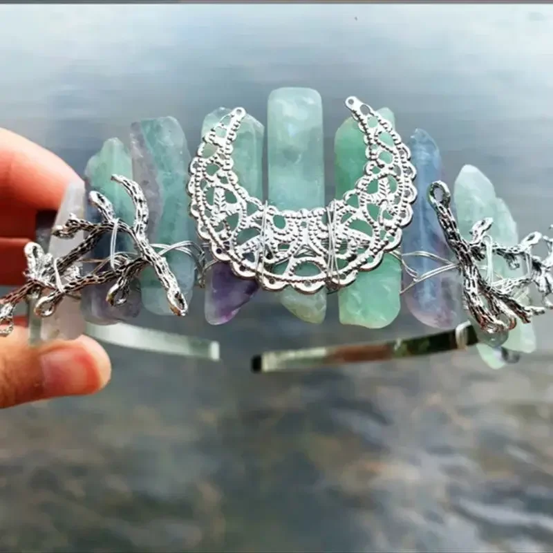 

Raw Crystal Quartz Crown Headband Handmade Tiara Natural Stone Headband for Woman Wedding and Parties