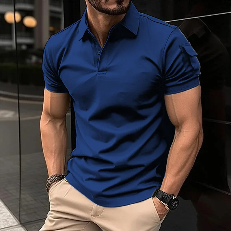 POLO informal de manga corta para hombre, camisa con bolsillo de solapa, color sólido, verano, 2024