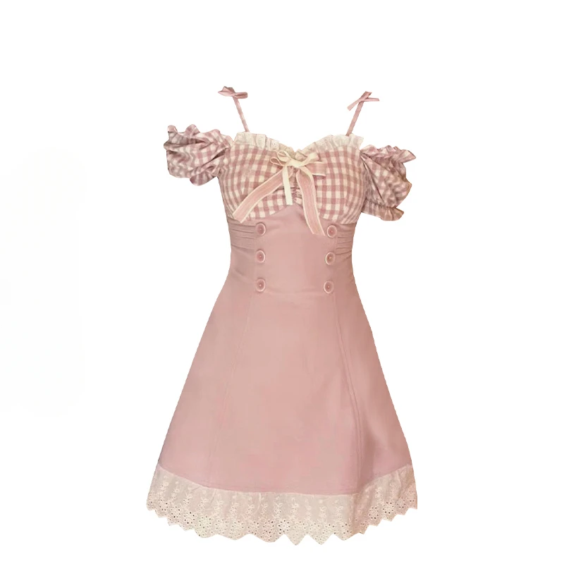 Summer Sweet Dopamine Pink Plaid Suspender Dress French Style Lace Stitching Loose One-shoulder A-line Skirts Female Clothes