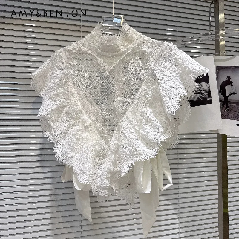 Sweet Solid‑Color Sleeveless Vest Top,V‑Shape Splicing Flying‑Edge Strap Sexy Lace Hollow‑Out Blouse for Daily Party Street Wear