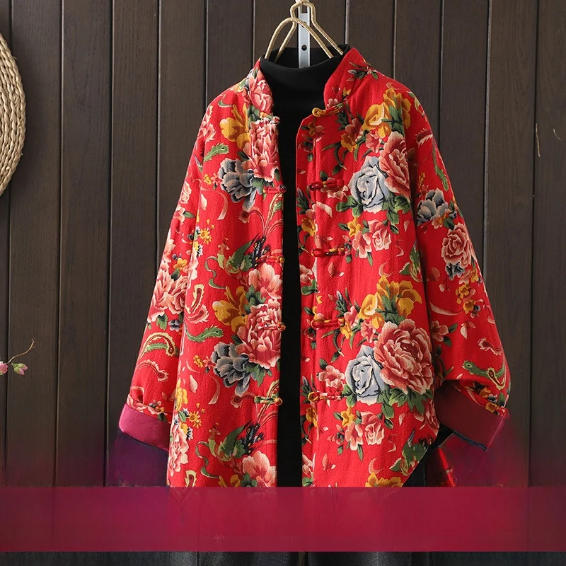 

Зимнее женское хлопково-льняное пальто в этническом стиле с воротником-стойкой и пуговицами спереди, свободное пальто Thiened Long Sve, одежда для поездок на работу