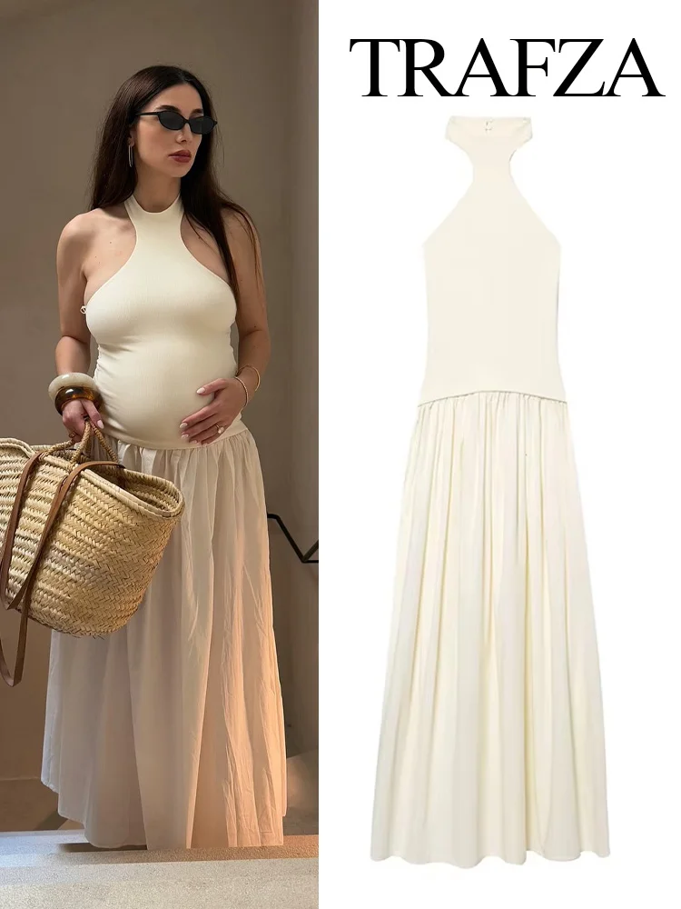 

TRAFZA Women's Summer Elegant Elastic Spliced ​​Halter Neck Collar Long Dress Female High Waist Slim Backless Sleeveless Dress