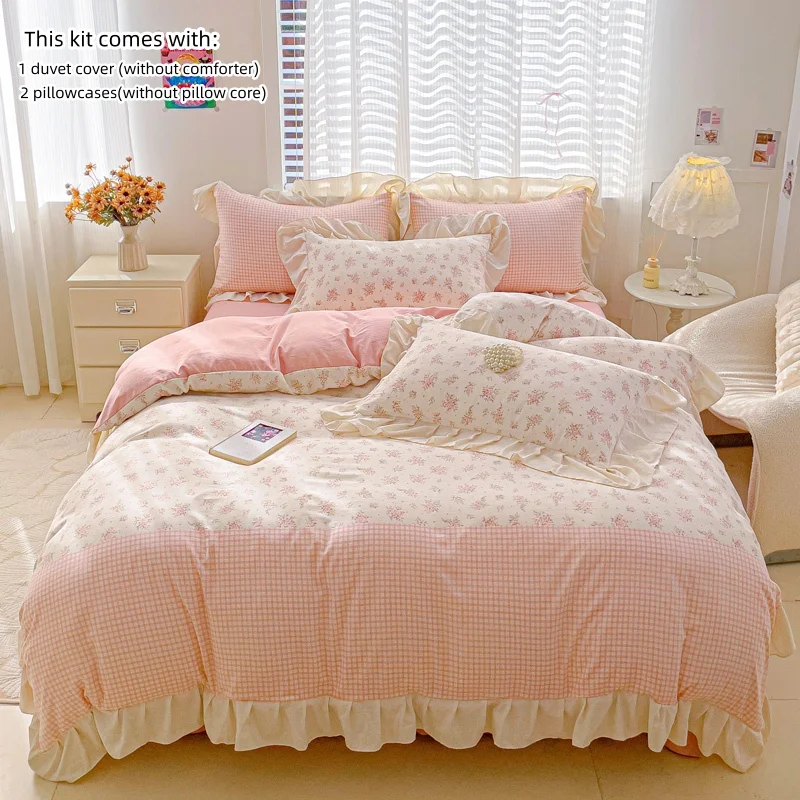 3pcs  Korean lace Duvet Cover Set (1*Duvet Cover + 2*Pillowcase, Without Core), plants printing Bedding Set