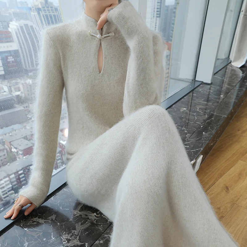 Autumn and winter new dress women's 100% mink cashmere long dress fashionable slim fit thickened warm and luxurious long dress