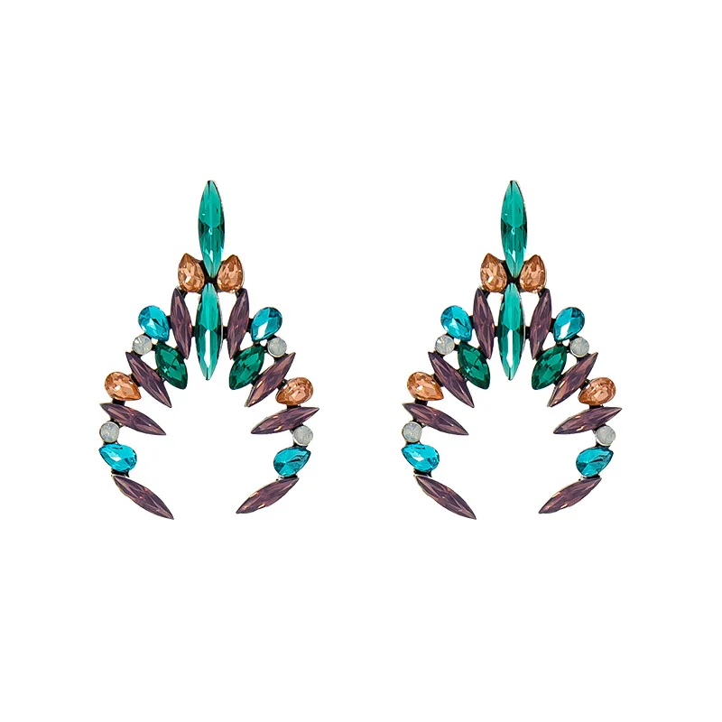 Fashion alloy inlaid colored diamond geometric earrings women's high sense versatile catwalk earrings jewelry wholesale