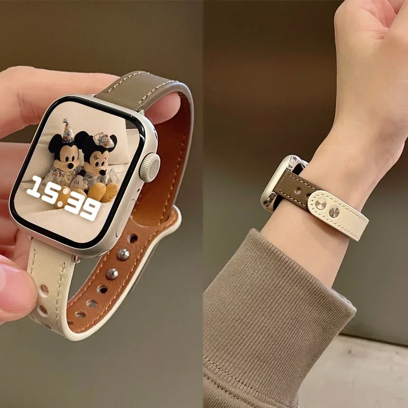 

Thin Leather Strap For Apple Watch Band 10 9 8 49mm 41mm 40mm 42mm 44mm 45mm Women Watchband Bracelet Belt iwatch 7 6 4 se Ultra