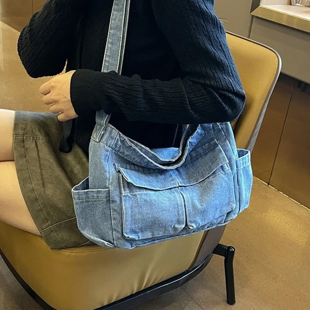 

Causal Canvas Denim Messenger Bag Harajuku Multiple Pockets Commuting Shoulder Pouch Blue Large Capacity Underarm Bag Shopping