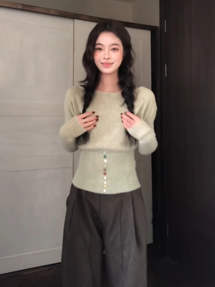 

French Sle Slim Fit Knitted Sweater One oulder Design Spring Early Season Color Colion Button Base Layer Waist Inward ...