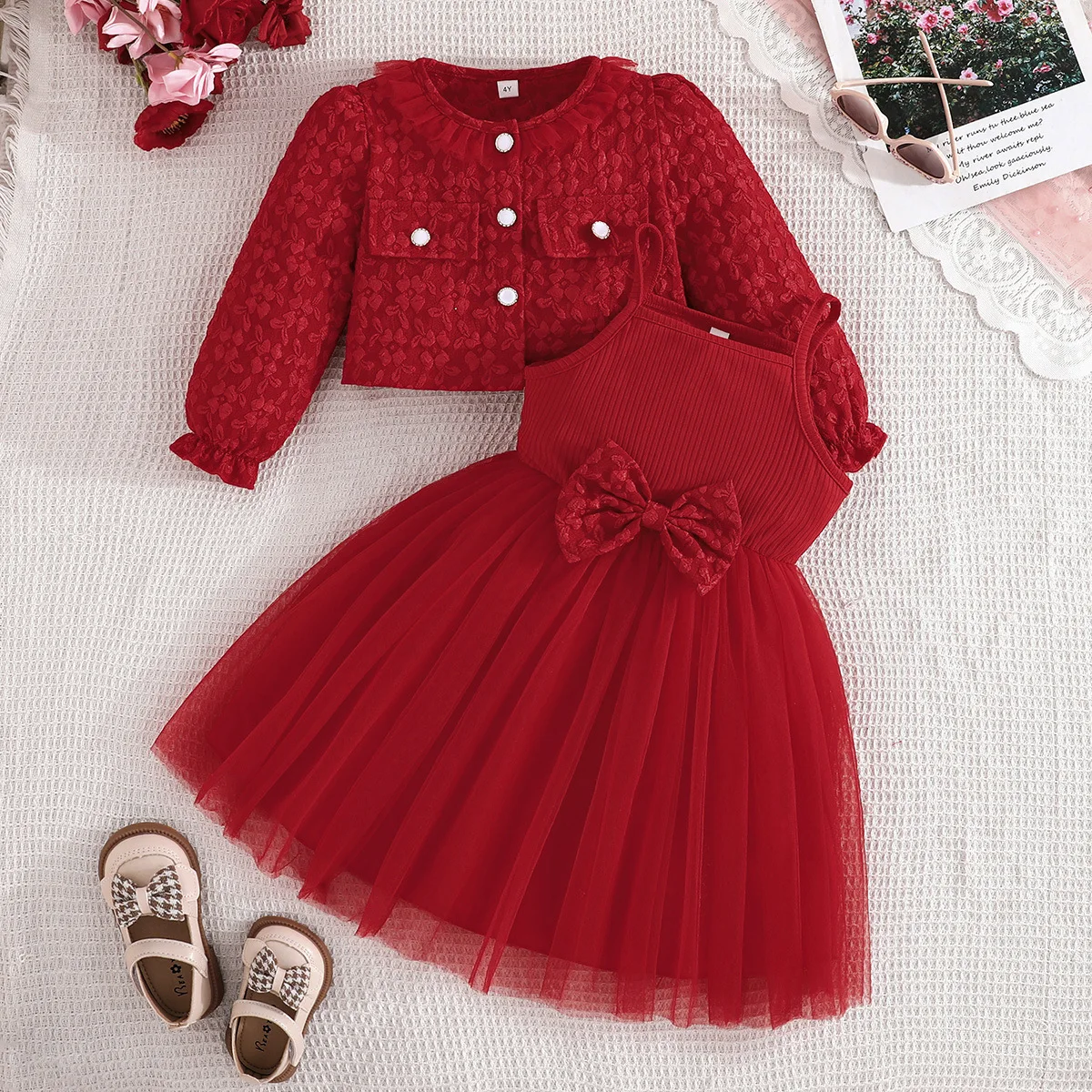 

2Piece Spring Autumn Children Clothes Girls Korean Fashion Red Long Sleeve Baby Tops+Princess Dress Kids Boutique Clothing B034