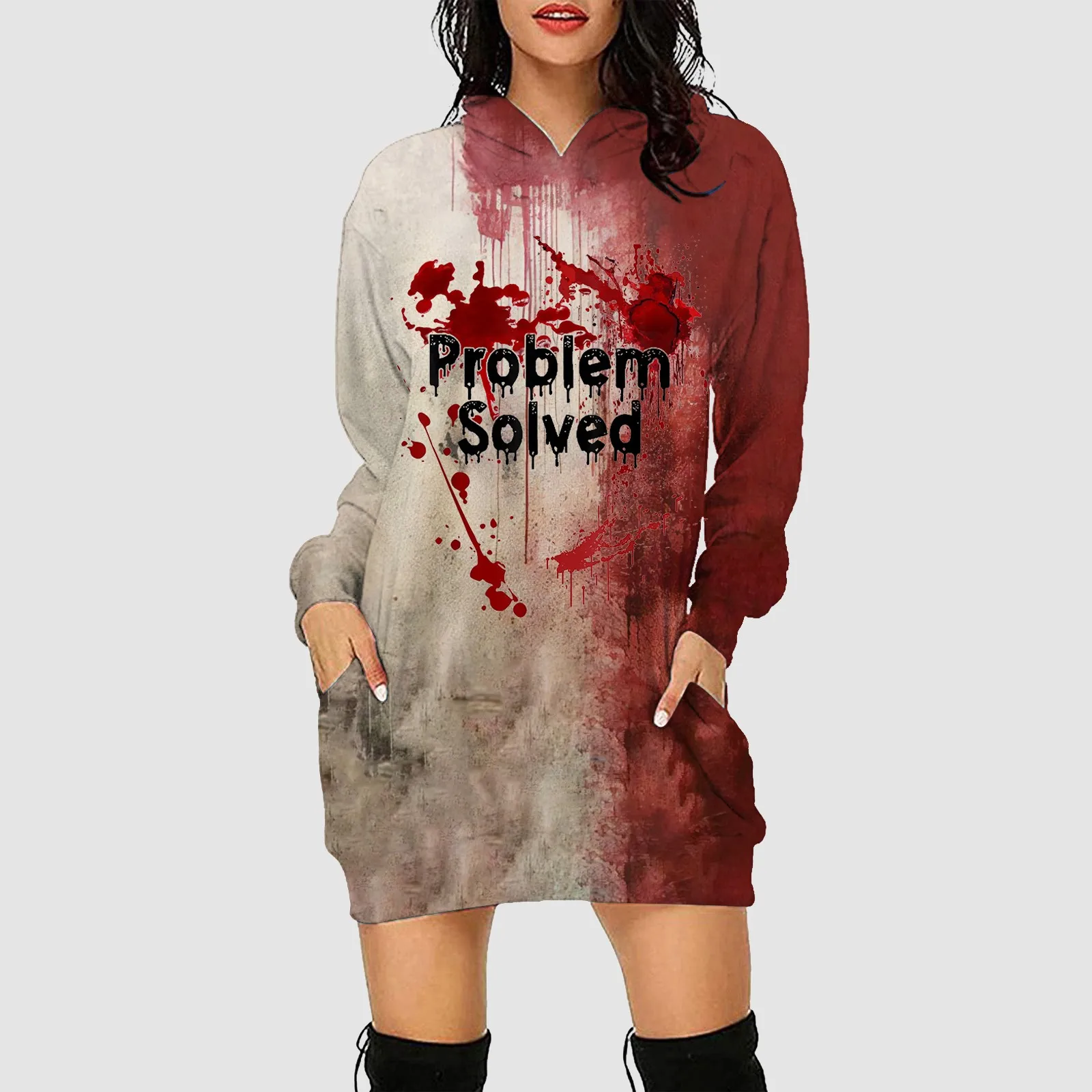 Halloween Shirt Dress Ladies Fashion Casual Long Sleeve Bloody Funny Horror Print Hoodie Pocket Hooded Pullover Dress Costumes