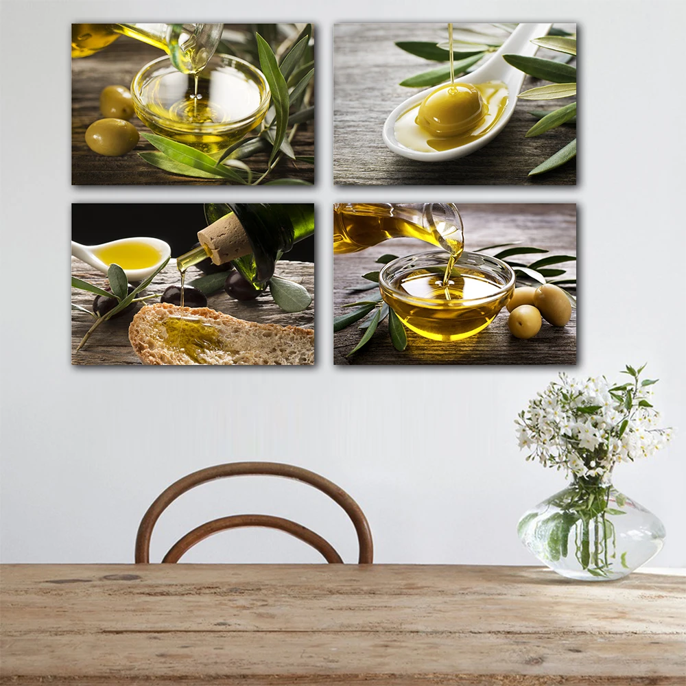 Cuadro Decorativo Vintage para Cocina, Lienzo con Diseño de Aceitunas Verdes con Rama y Aceite de Oliva Natural, Pósteres Impresos para Decoración de Restaurantes y Habitaciones