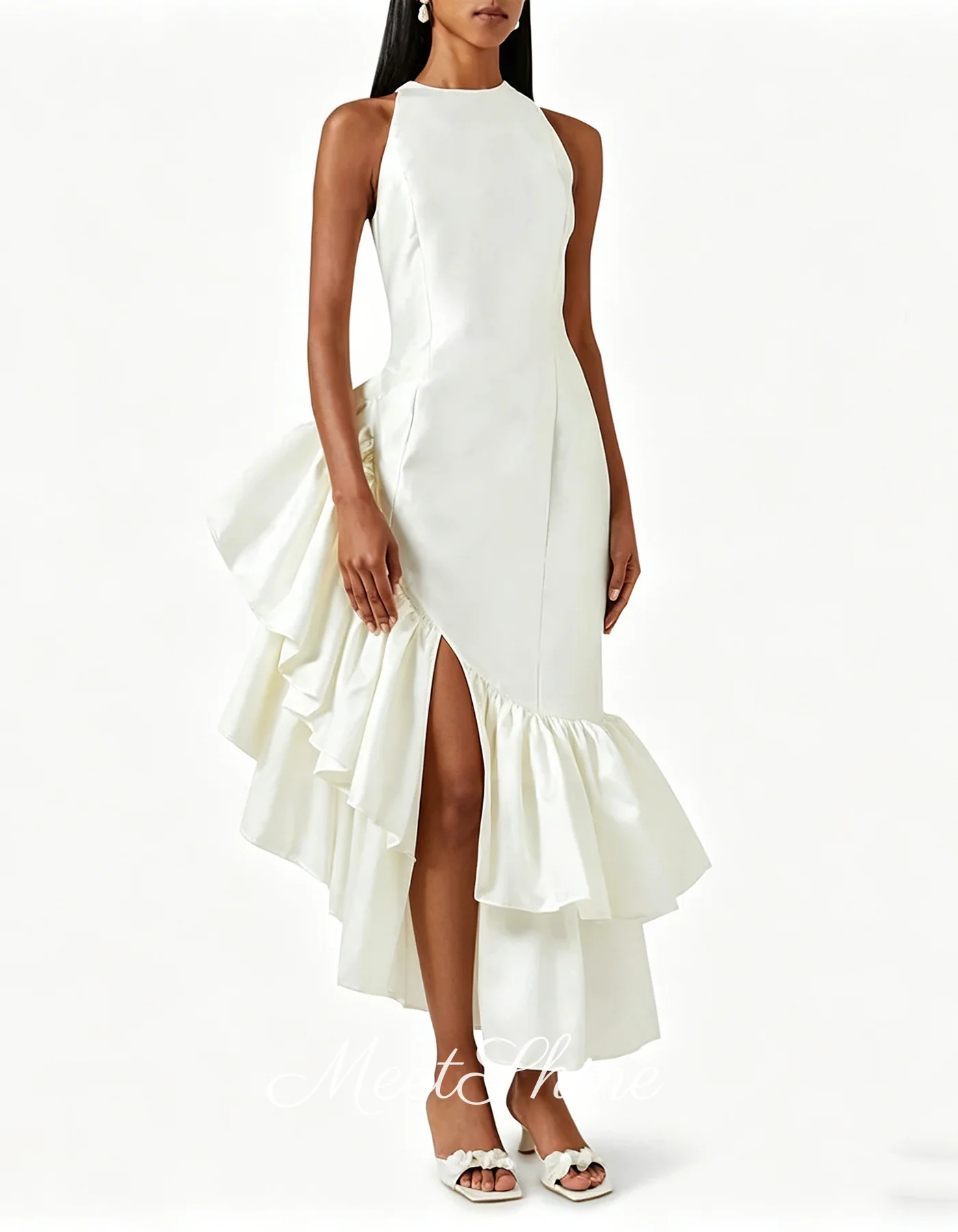 Chic White Satin Side Slit Ruffles Evening Dresses Pretty O-Neck Ankle Length Cocktail Dresses Sleeveless Prom Customized