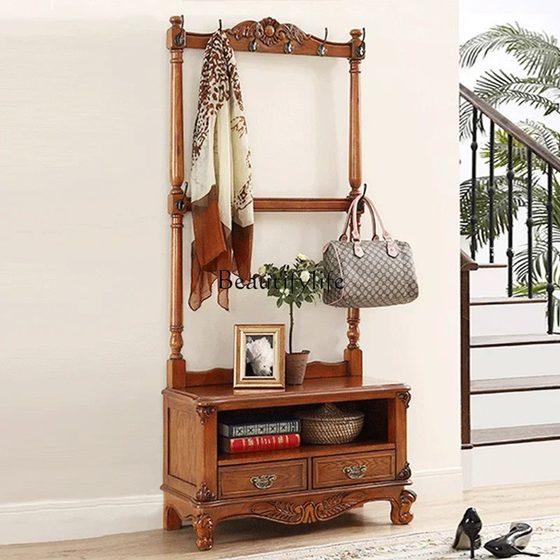 02 ls 18American solid wood hanger floor-to-ceiling European coat rack foyer shoe change stool hanger