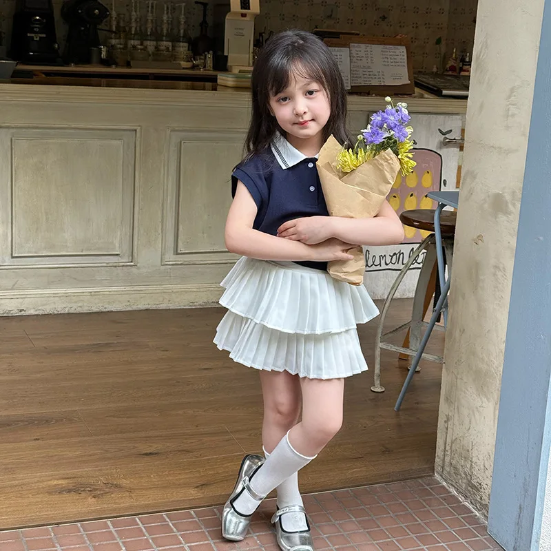 

Children's Casual T-shirt Sleeveless Tops Girls Baby 2025 Summer Color Collision Small Lapel Undershirt Boutique Clothing
