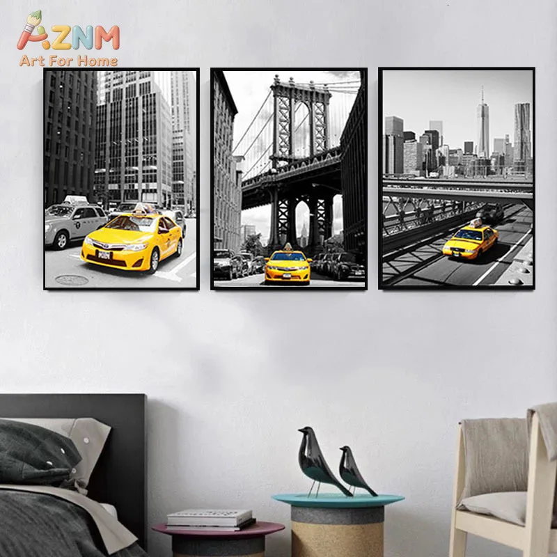 AZNM Frameless Canvas Poster New York City Scenery Print, Brooklyn Bridge Yellow Taxi Selective Color Photography Wall Art Pictu