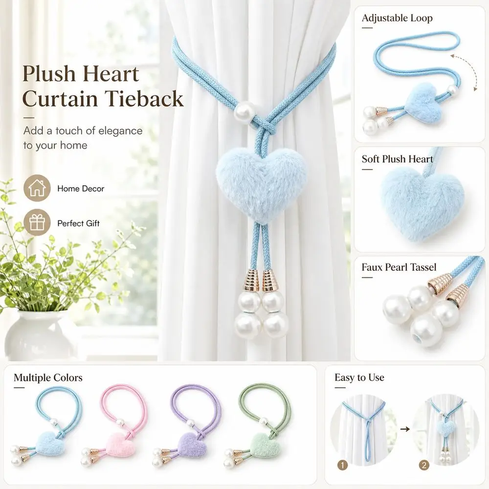 Durable Heart Curtain Tieback Faux Pearl Tassel Adjustable Loop Curtain Holdback Rope Multicolor Drapery Tieback Bedroom