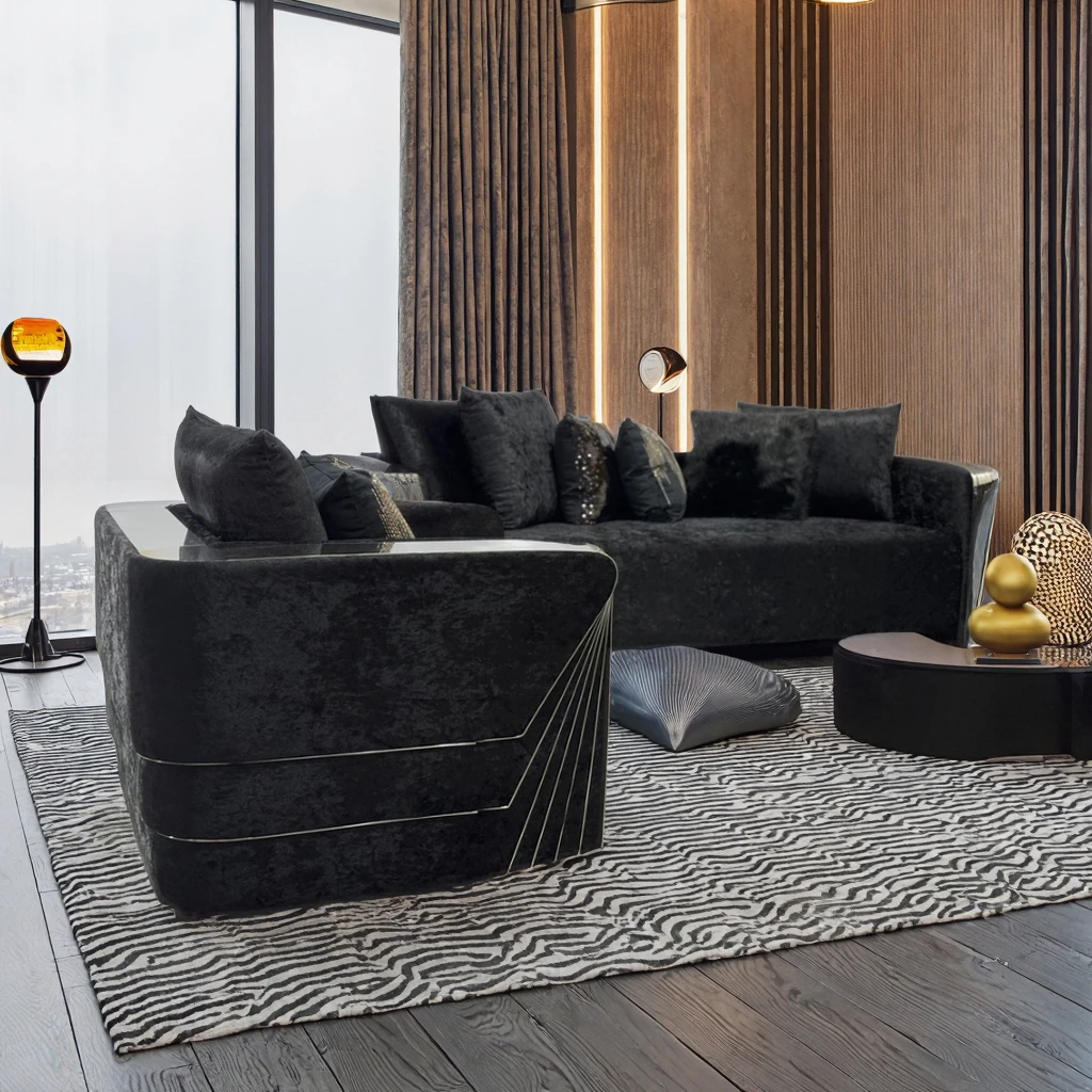 Italian Luxury Modern Sectional Corner Sofa Set High-Density Foam Tufted Velvet Fabric Solid Wood Frame Stainless Steel Legs
