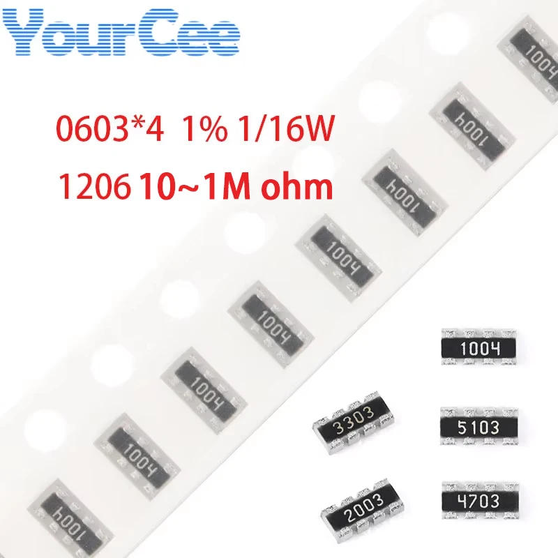 100pcs/lot 1206 0603*4 Network Resistor 1% 5% 1/16W 20 22 30 33 36 39 47 49.9 51 56 68 75 82 100 120 150 180 1K 10K 51K 100Kohm