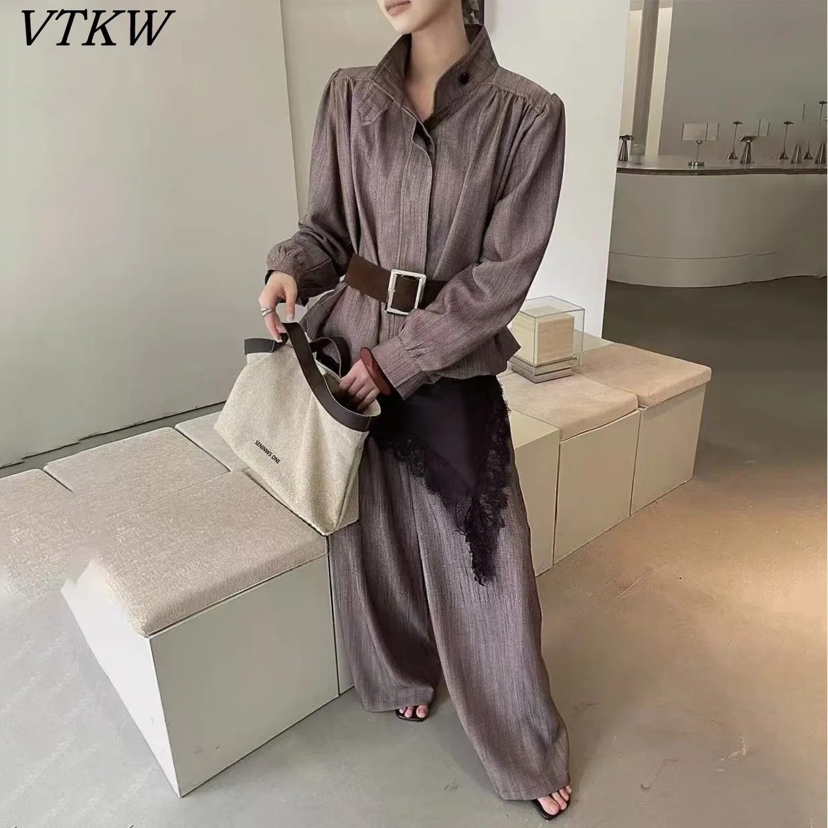 

VTKW 2026 New Arrival Women Two Piece Set Textured Blouse Stand Collar Peplum Hem Belted High Waist Wide Leg Trousers Outfit