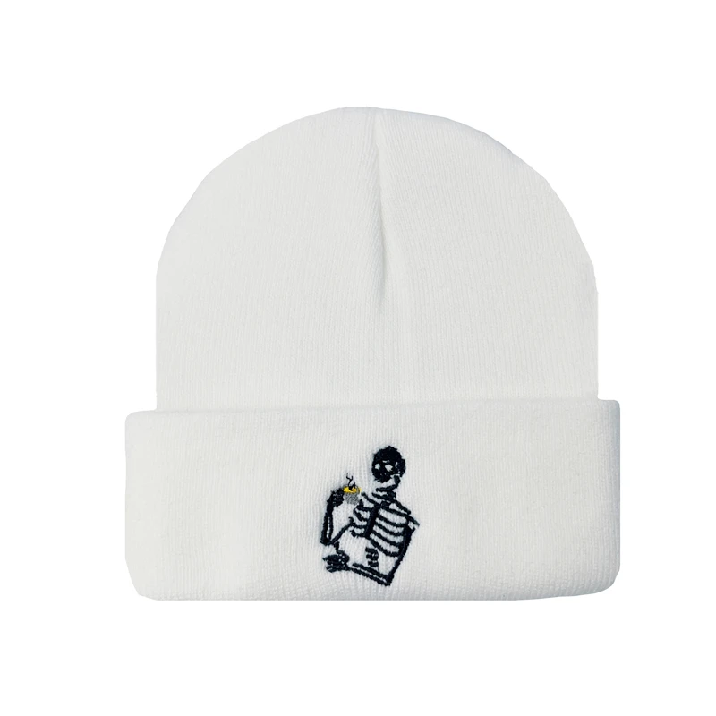 Fashion Embroidery Skull Knit Hat Warm Beanie Hat Hip Hop Outdoor Ski Cap Halloween Skeleton Drink Water Embroidery Hats