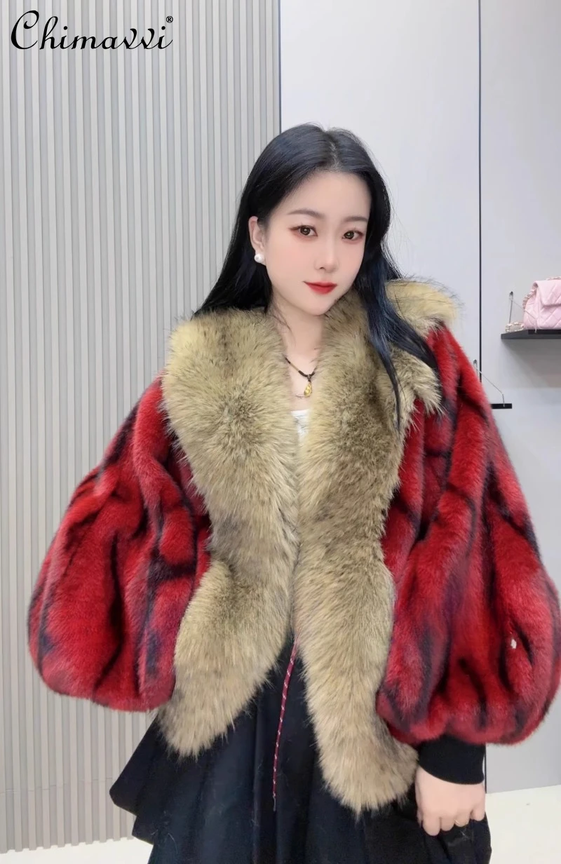 

2024 European Winter New Mink Cross Pattern Big Fur Collar Environmentally Friendly Fur Short Fashion Versatile Coat For Women