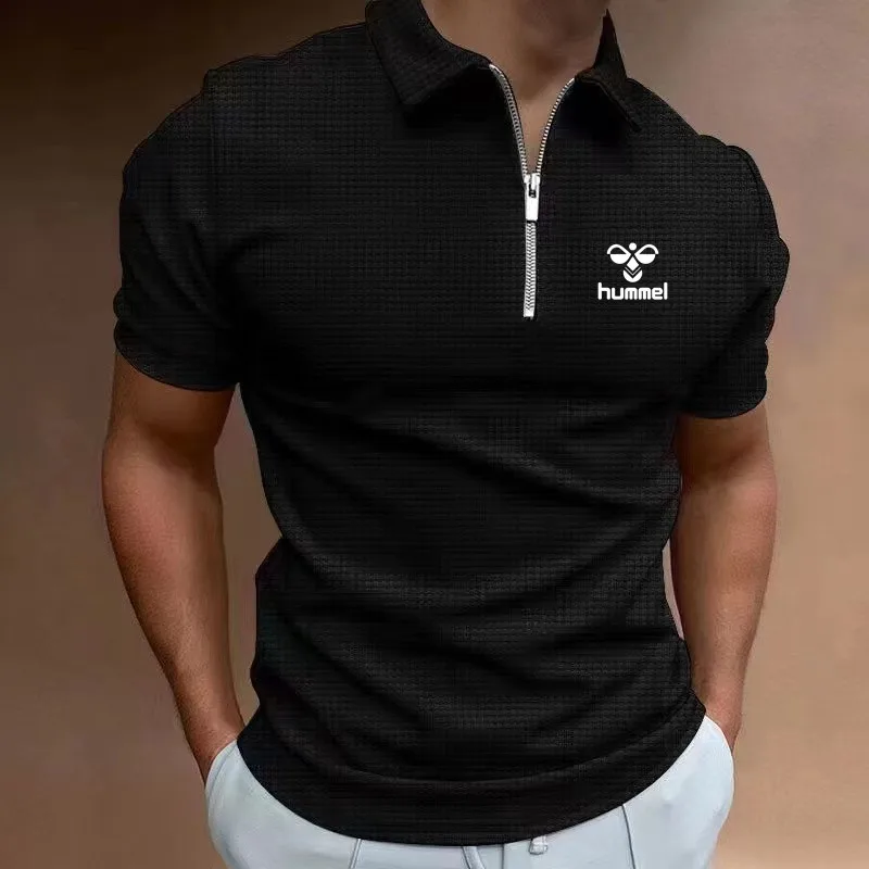 2024 Summer New Hot Selling Brand HUMMEL Men's Zipper Waffle Polo Shirt Waffle Short Sleeve Casual T-shirt Men Thin Multi-color