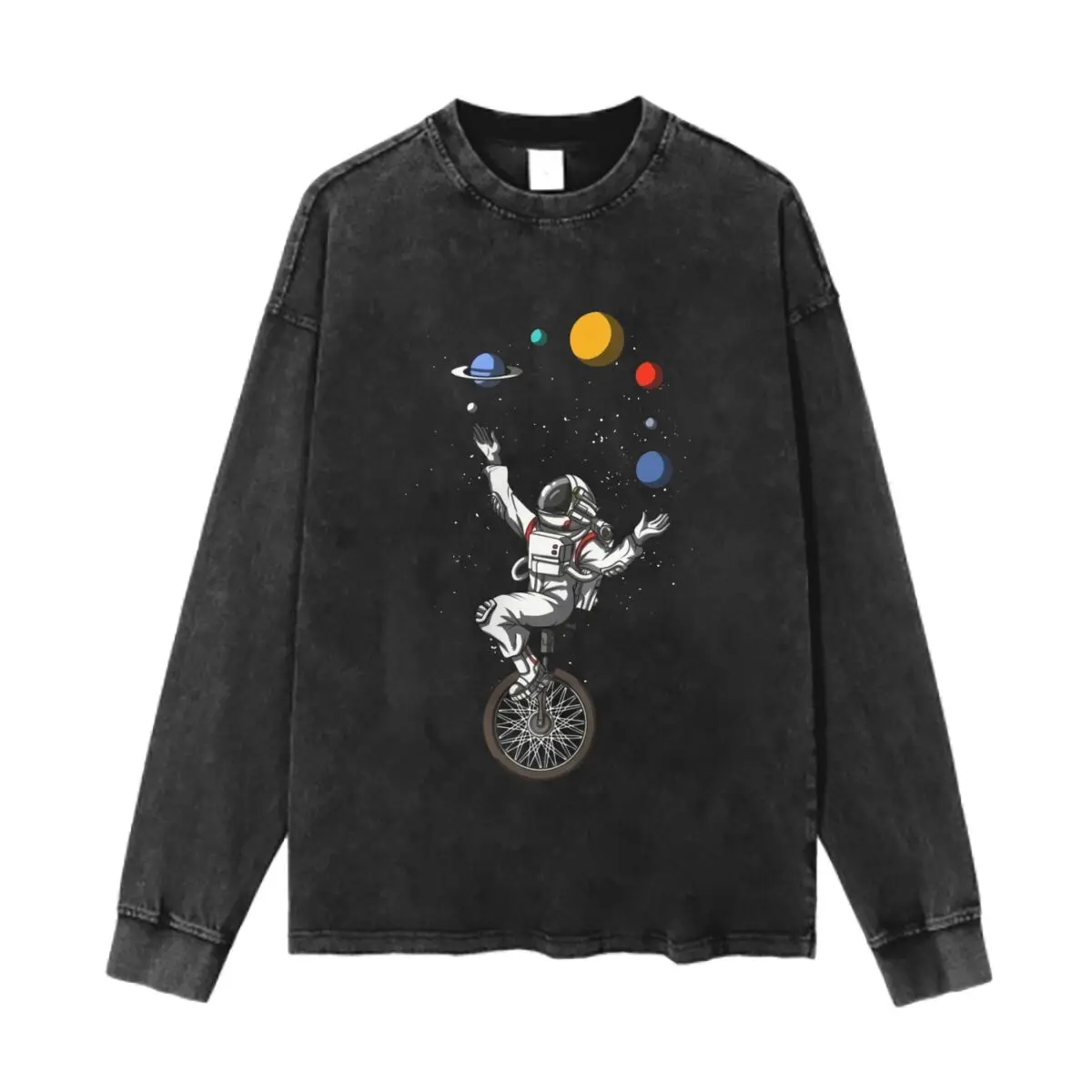 Astronaut Juggling Planets on Unicycle Art Graphic Washed Vintage Long Sleeves Cotton Tee Shirt Solid O Collared