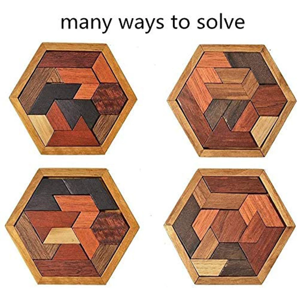 Wooden Hexagonal Geometric Shape Tangram Board IQ Brain Teaser Puzzles Board Educational Toys Children Kids Adults Puzzle Game