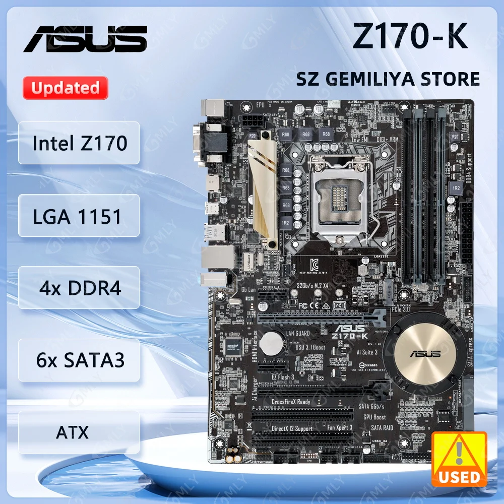 

Материнская плата ASUS Z170-K Intel Z170 LGA 1151 DDR4 64GB ATX, поддержка процессоров Core i3-6100, 7300, 6400, 7600, 7700